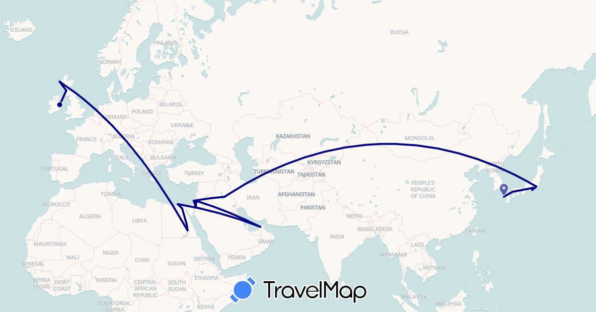 TravelMap itinerary: driving in United Arab Emirates, Egypt, United Kingdom, Ireland, Israel, Iraq, Jordan, Japan, Palestinian Territories (Africa, Asia, Europe)